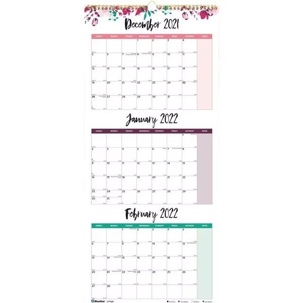 Calendar, Wal, 3 Mth, 12.25X27, Blueline, Mfr#: REDC171129